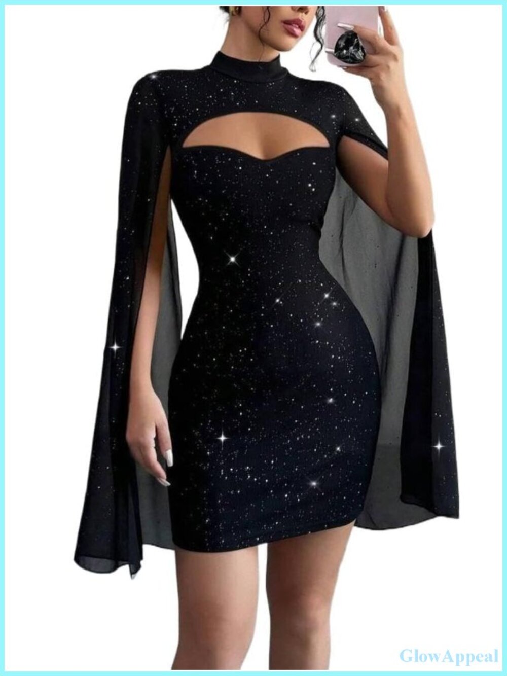 Sequined Cloak Sleeve Mini Dress Mock Neck Bodycon Long Sleeve Cocktail Party